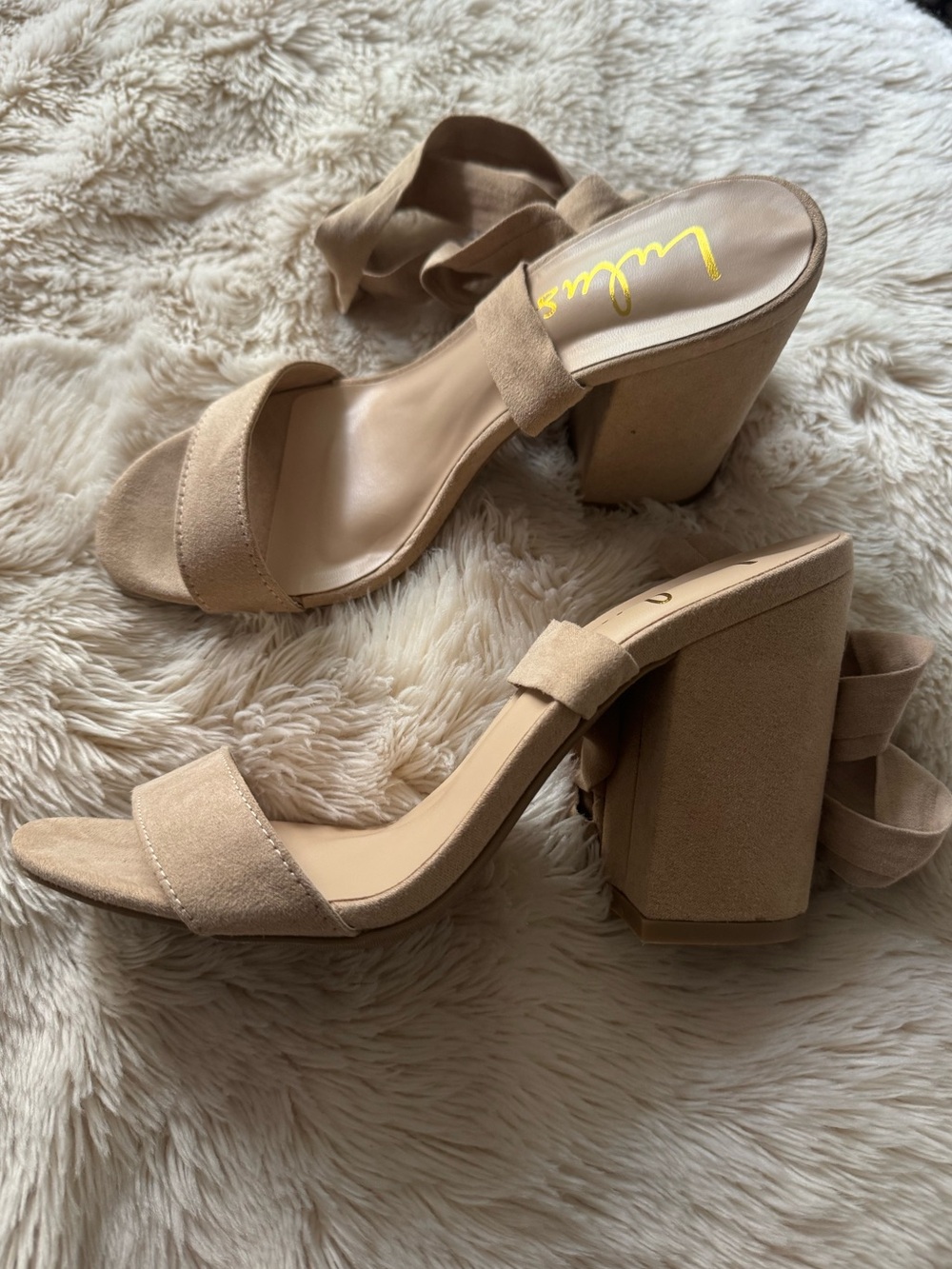 Lulu's Tan Suede Block Heel Sandals with Ankle Wrap